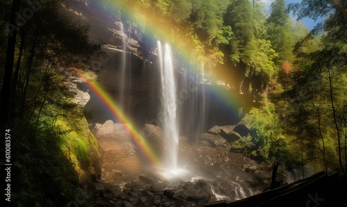  a waterfall with a rainbow in the middle of the water and a rainbow in the middle of the water and a rainbow in the middle of the water. generative ai