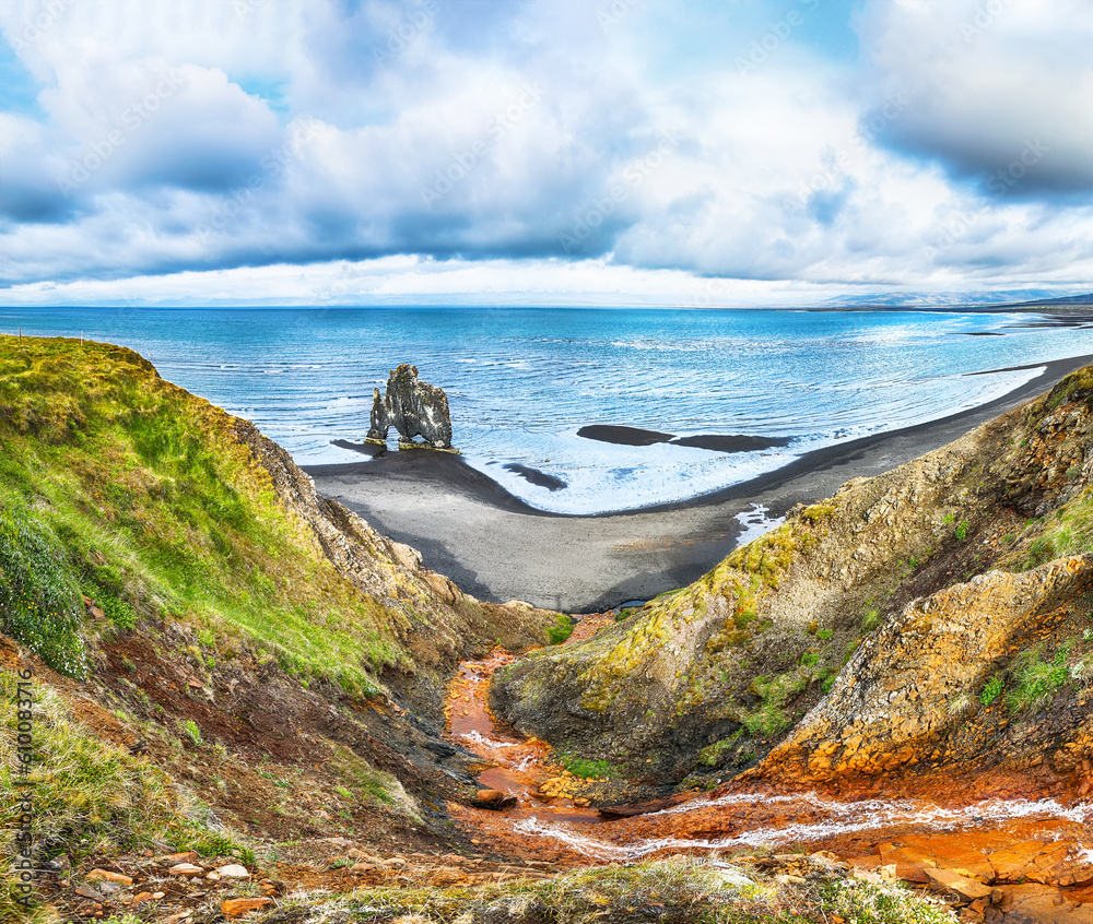 Breathtaking view of Hvitserkur unique basalt rock in Iceland. Breathtaking view of Hvitserkur unique basalt rock in Iceland.
