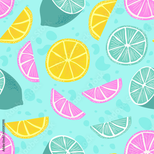 Tropical fruits seamless pattern, colorful citrus fruits