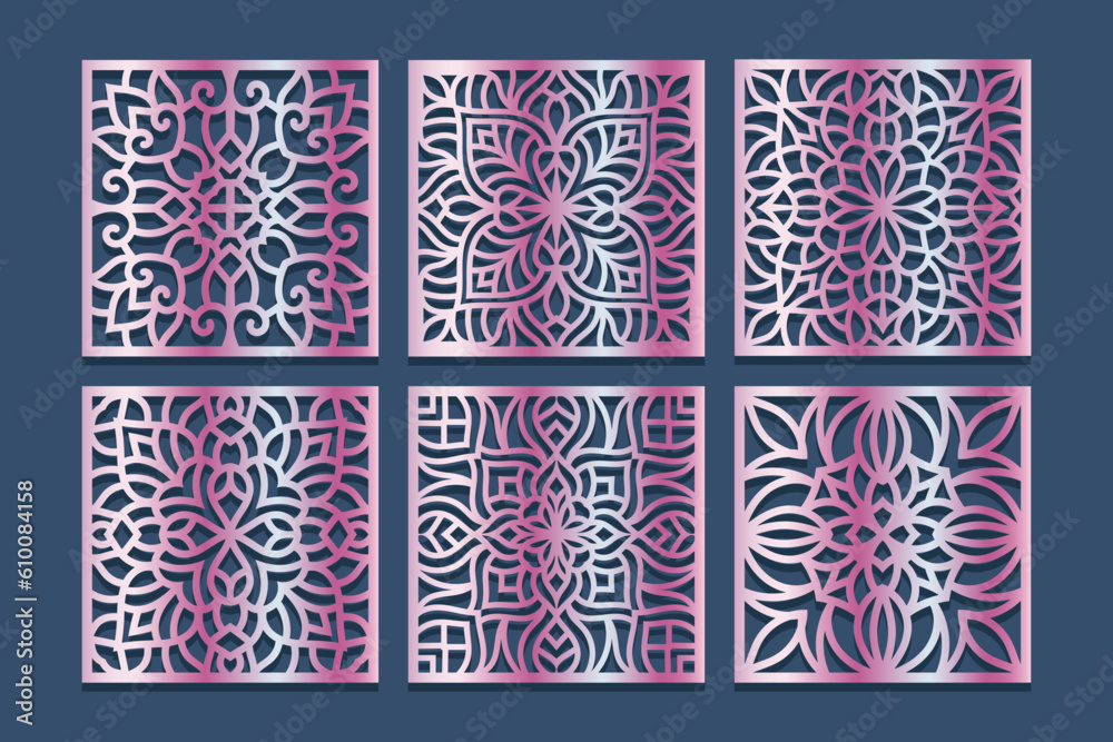 Lotus Mandala Vector Template Set for Cutting and Printing. Oriental silhouette ornament. Vector coaster design	
