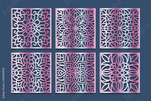 Lotus Mandala Vector Template Set for Cutting and Printing. Oriental silhouette ornament. Vector coaster design	
 photo