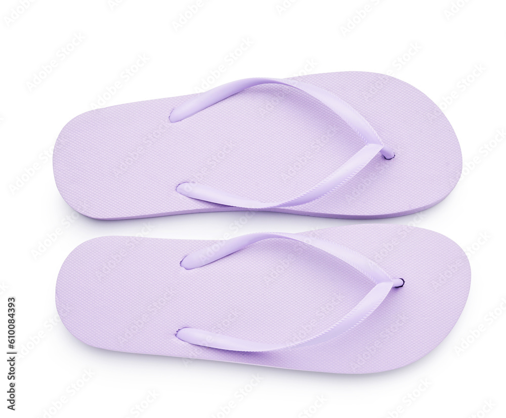 Pair of stylish lilac flip-flops on white background Pair of stylish lilac flip-flops on white background