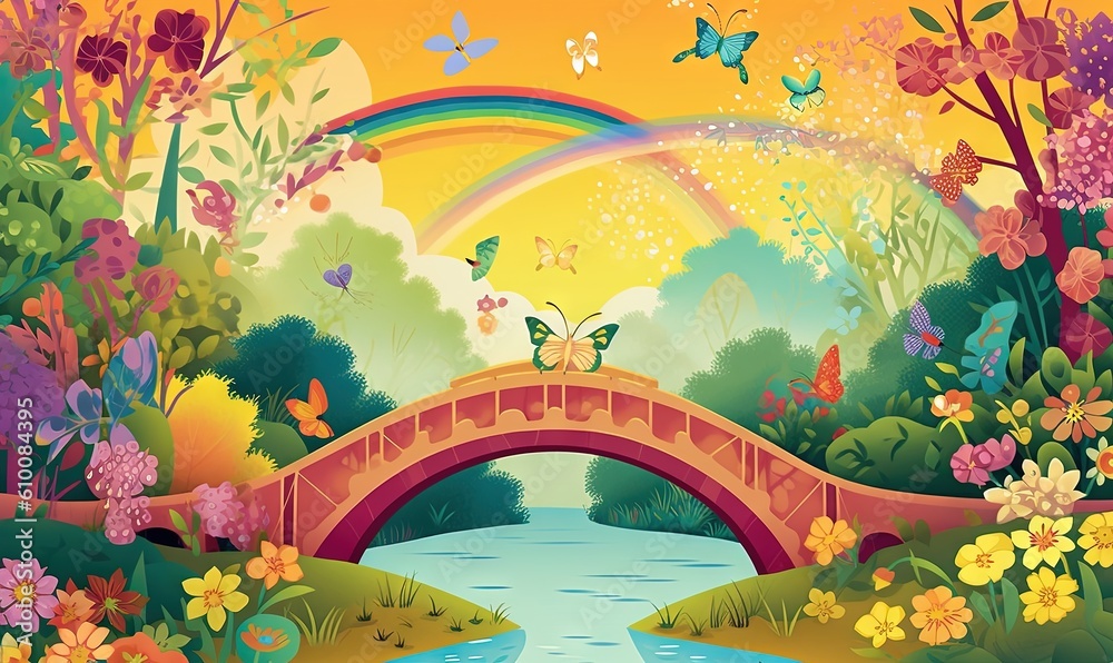  a painting of a bridge with a rainbow in the background and a rainbow in the sky over a river with flowers and a rainbow in the background.  generative ai