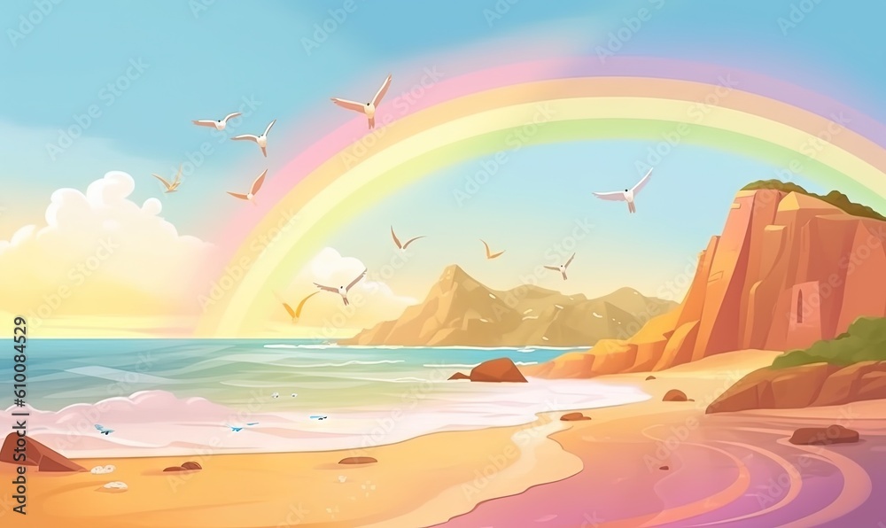 a painting of a beach with a rainbow in the sky and seagulls flying over the water and a mountain in the distance with a rainbow in the sky.  generative ai