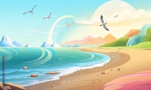  a beach with a bird flying over the water and a mountain in the background with a bird flying over the water and a beach with rocks and sand. generative ai