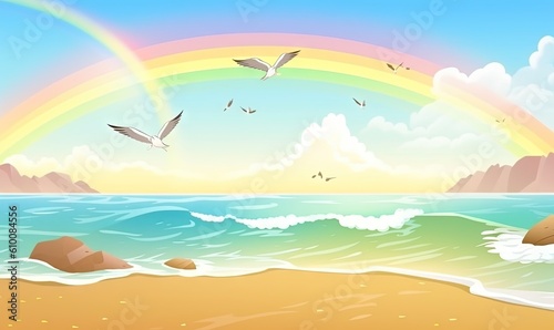  a painting of a rainbow over the ocean with birds flying over the waves and a beach with a rock formation in the foreground and a rainbow in the background.  generative ai