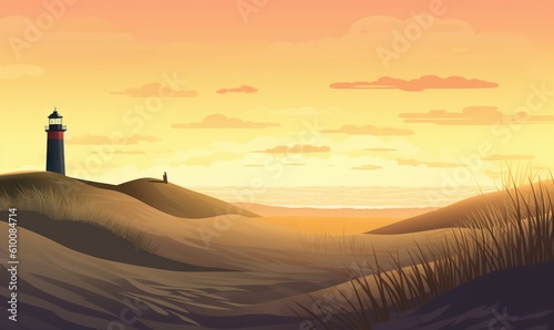  a painting of a lighthouse on a hill with a sunset in the background and a person standing on the top of a hill with a surfboard in the foreground. generative ai