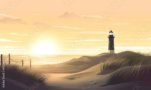  a painting of a lighthouse on a beach at sunset with the sun in the background and a fence in the foreground with a fence in the foreground. generative ai
