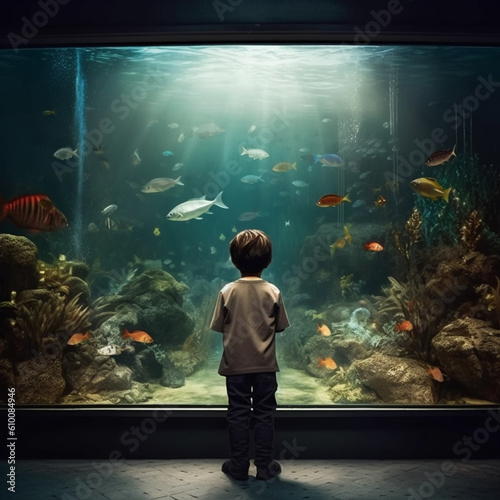 Children looking at a fish tank in an aquarium. Generative AI. © DALU11