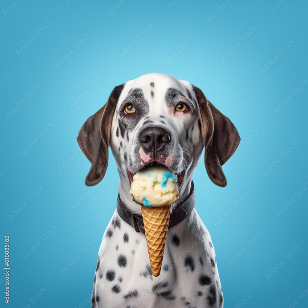 Dog eating ice cream on a blue background. Generative AI. Dog eating ice cream on a blue background. Generative AI.