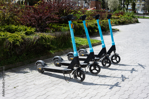 Electric scooters for rent in the city park. City transport.