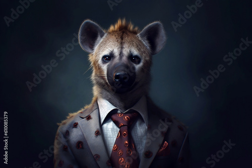 Portrait of a Hyena dressed in a formal business suit, generative AI photo