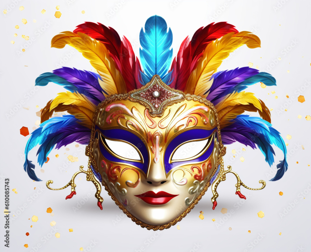 Carnival mask made with feathers on white background