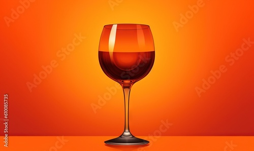  a glass of wine sitting on top of an orange table top next to an orange wall with a red background and a red background behind it. generative ai