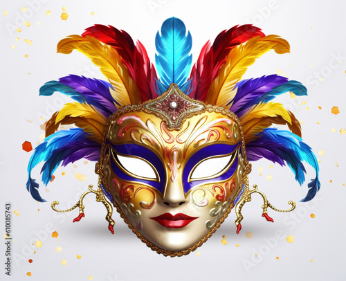 Carnival mask made with feathers on white background © Maria