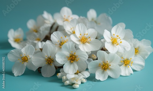  a bunch of white flowers sitting on top of a blue table top next to each other on a blue surface with a yellow center piece in the middle of the middle.  generative ai