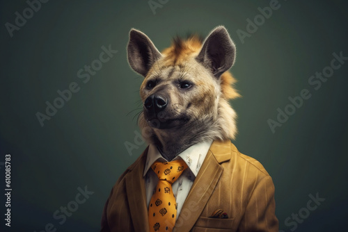 Portrait of a Hyena dressed in a formal business suit, generative AI photo