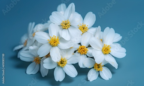  a bunch of white flowers sitting on top of a blue table top next to a blue wall with a yellow center piece in the middle.  generative ai