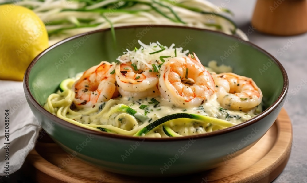  a bowl of pasta with shrimp and parmesan cheese on a wooden board next to a lemon and a towel on a tablecloth.  generative ai