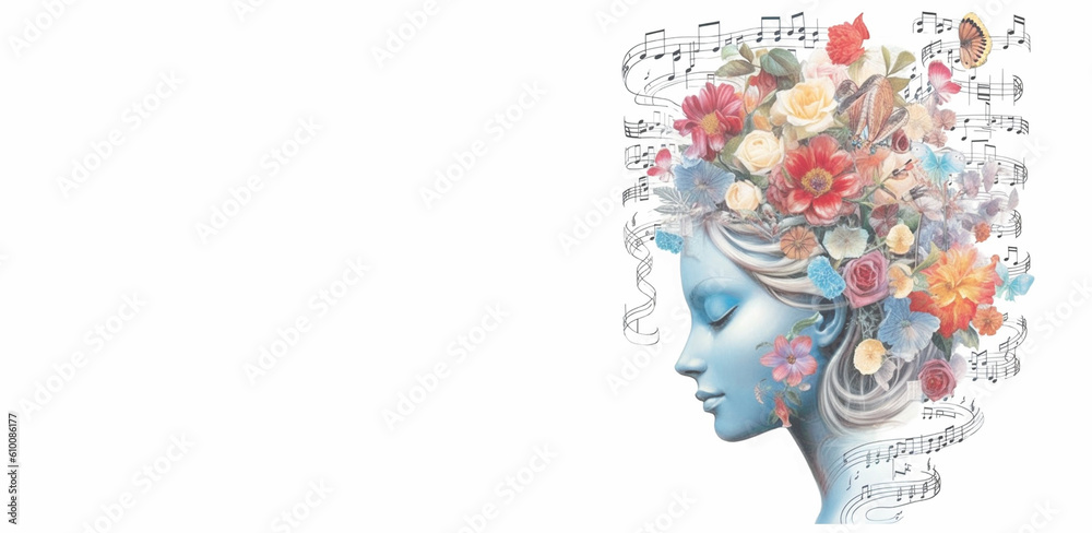 Woman with music notes and flowers, human brain, self care and mental health concept, sound therapy, creative mind, generative AI Woman with music notes and flowers, human brain, self care and mental health concept, sound therapy, creative mind, generative AI