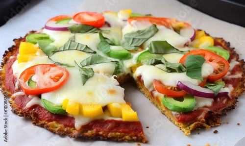  a pizza with cheese, tomatoes, and other vegetables on top of a piece of parchment paper on a counter top with a slice missing. generative ai