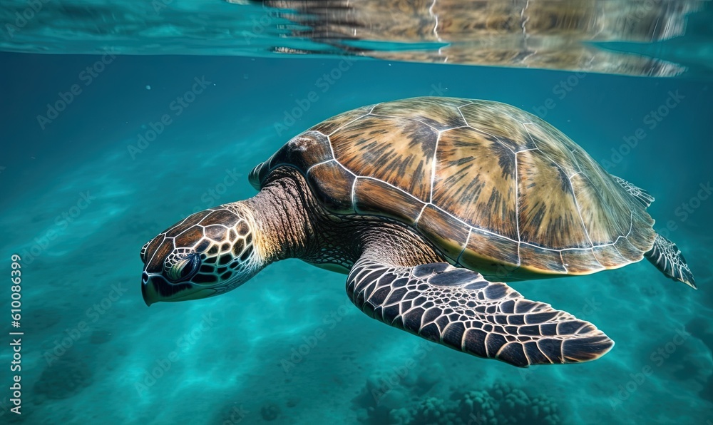 Fototapeta premium a turtle swimming in the ocean with clear blue water and a green turtle swimming in the water with its head above the water surface, looking at the camera. generative ai