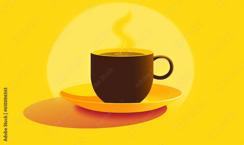 Obraz premium a cup of coffee sitting on top of a saucer on a yellow background with a shadow of a coffee cup on top of a saucer. generative ai