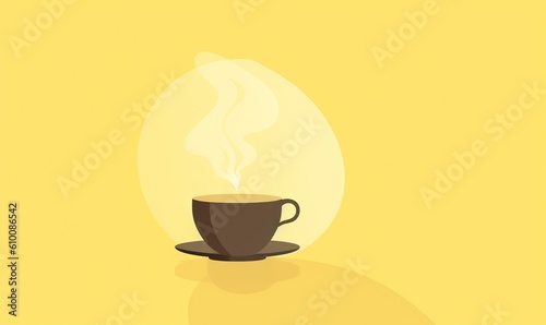  a cup of coffee with steam rising out of the top on a saucer on a yellow background with a shadow of a light bulb.  generative ai