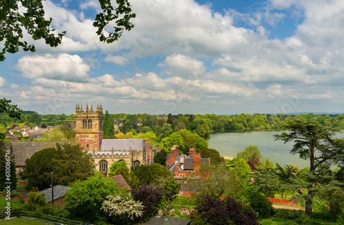 Tower of parish church of St Mary in Ellesmere Shropshire from the Motte