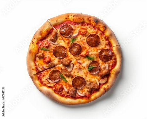 Top view Pepperoni pizza on white background