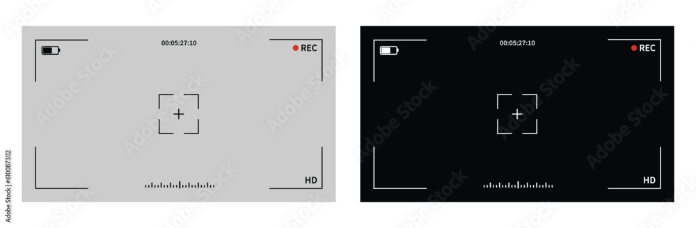 Camera viewfinder set vector.Recorder cam display, viewfinder ui for camera. Video camera focusing screen on grey and transparent background. Vector illustration - obrazy, fototapety, plakaty 