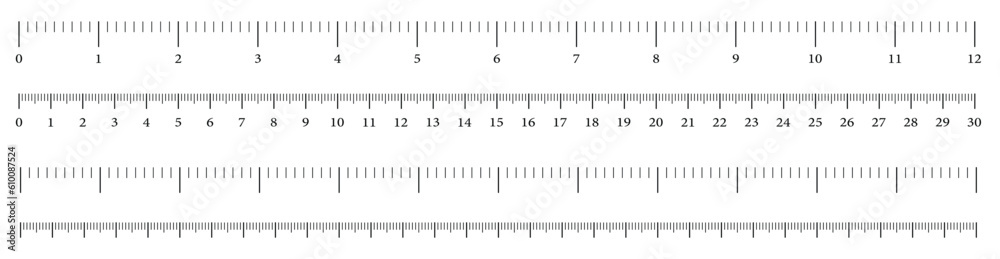 Size indicators measuring tool, ruler scale, precision measurement of ruler scale, centimeters and inches. Set of ruler 30 cm 12 inch on transparent background. Size indicators measuring tool, ruler scale, precision measurement of ruler scale, centimeters and inches. Set of ruler 30 cm 12 inch on transparent background.