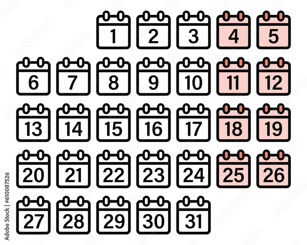 Set of calendar symbols.Calendar number 1-31 flat icon.Calendar date schedule line icon set on a transparent background. Appointment schedule flat icon Set of calendar symbols.Calendar number 1-31 flat icon.Calendar date schedule line icon set on a transparent background. Appointment schedule flat icon