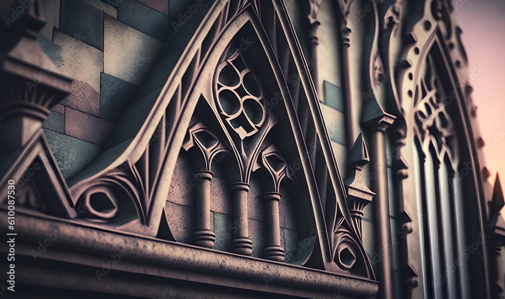 Gothic pointed arches on the outside wall of a church as soft ethereal ...