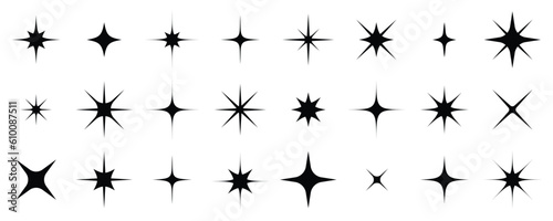 Sparkles, stars and bursts icons, twinkling stars.Vector set of different black sparkles icons on transparent background. Vector illustration	