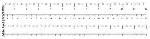 Size indicators measuring tool, ruler scale, precision measurement of ruler scale, centimeters and inches. Set of ruler 30 cm 12 inch on transparent background.	