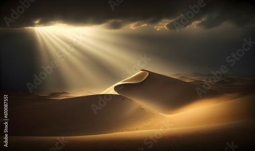 Foto Atmospheric and mystical moody light of the sunset sunbeam illuminated the slope of a sand dune somewhere in the depths of the Sahara Desert