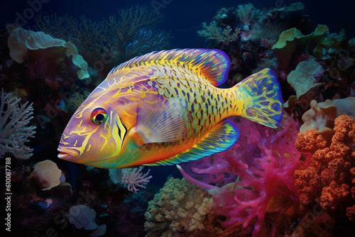 An animated, transparent-bodied fish swims gracefully through a coral reef, surrounded by vivid colors and shapes of other sea life.