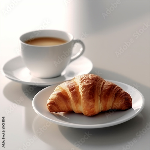 top view of a croissant and cup of coffee on white background  ai generated