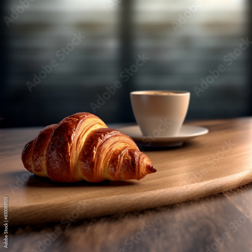 a croissant and cup of coffee on wooden table, dark background, ai generated photo