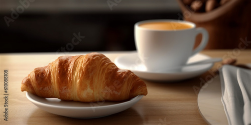 a croissant and cup of coffee on wooden table, dark background, ai generated