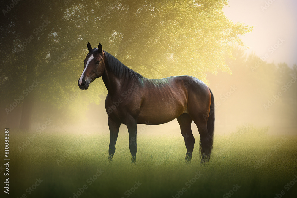 A realistic image of a horse with a transparent background, standing in a lush green meadow with the sun shining down. A realistic image of a horse with a transparent background, standing in a lush green meadow with the sun shining down.