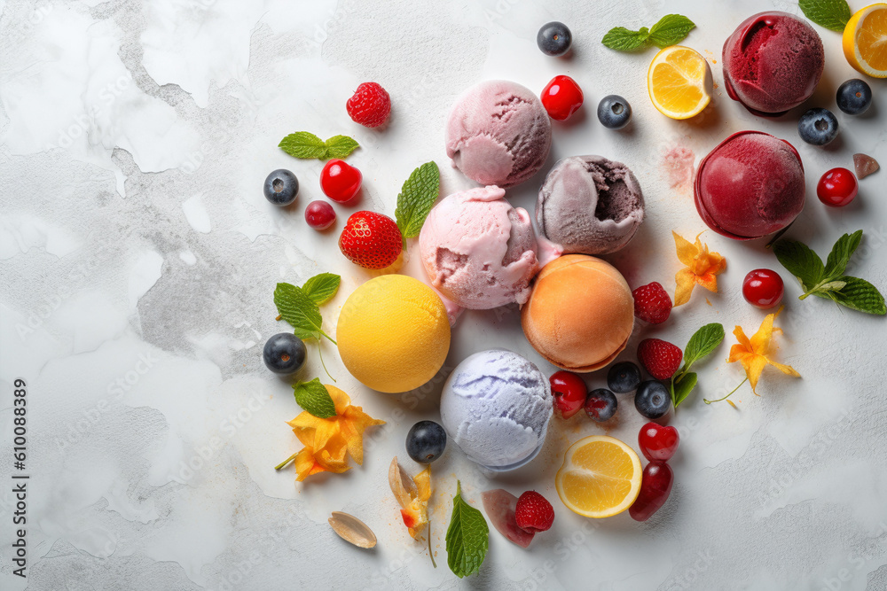 Scoops of different ice cream surrounded by fruits. 