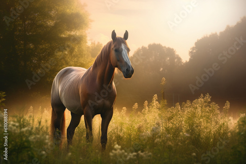 A realistic image of a horse with a transparent background, standing in a lush green meadow with the sun shining down.
