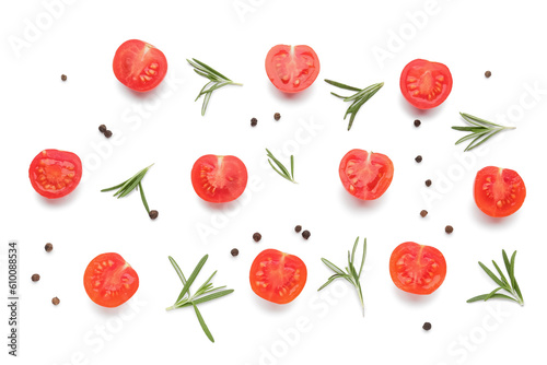 Fototapeta Naklejka Na Ścianę i Meble -  Composition with ripe cherry tomatoes and spices on white background