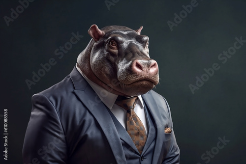 Portrait of a Hippopotamus dressed in a formal business suit, generative AI