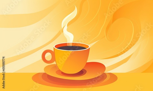  a cup of coffee on a saucer with a saucer on a saucer on a plate with a swirly background and a yellow background.  generative ai