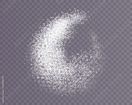 White scattering of small particles of sugar crystals, flying salt, top view of baking flour. White powder, powdered sugar explosion isolated on transparent light background. Vector illustration.