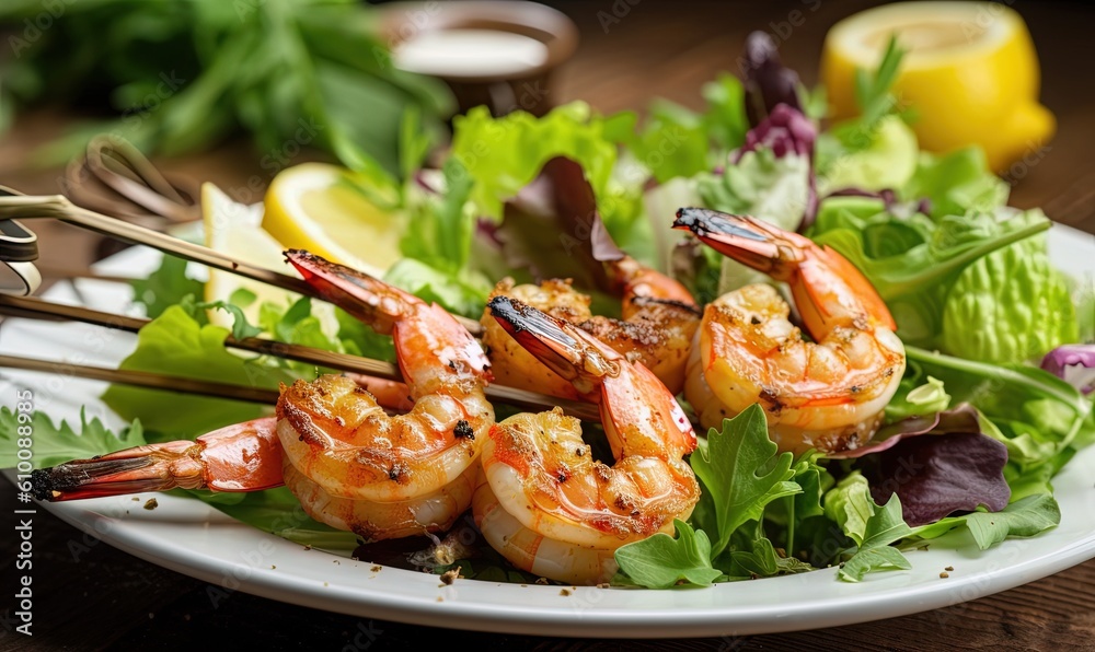 a white plate topped with shrimp and lettuce next to lemon wedges and a salad on a wooden table with utensils. generative ai a white plate topped with shrimp and lettuce next to lemon wedges and a salad on a wooden table with utensils. generative ai