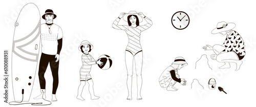 Fototapeta Naklejka Na Ścianę i Meble -  woman in a long sleeve swimsuit and man in a sportswear with surfboard, boy and girl in protective clothes against the solar radiation and UV ultraviolet on the beach and during water sport 